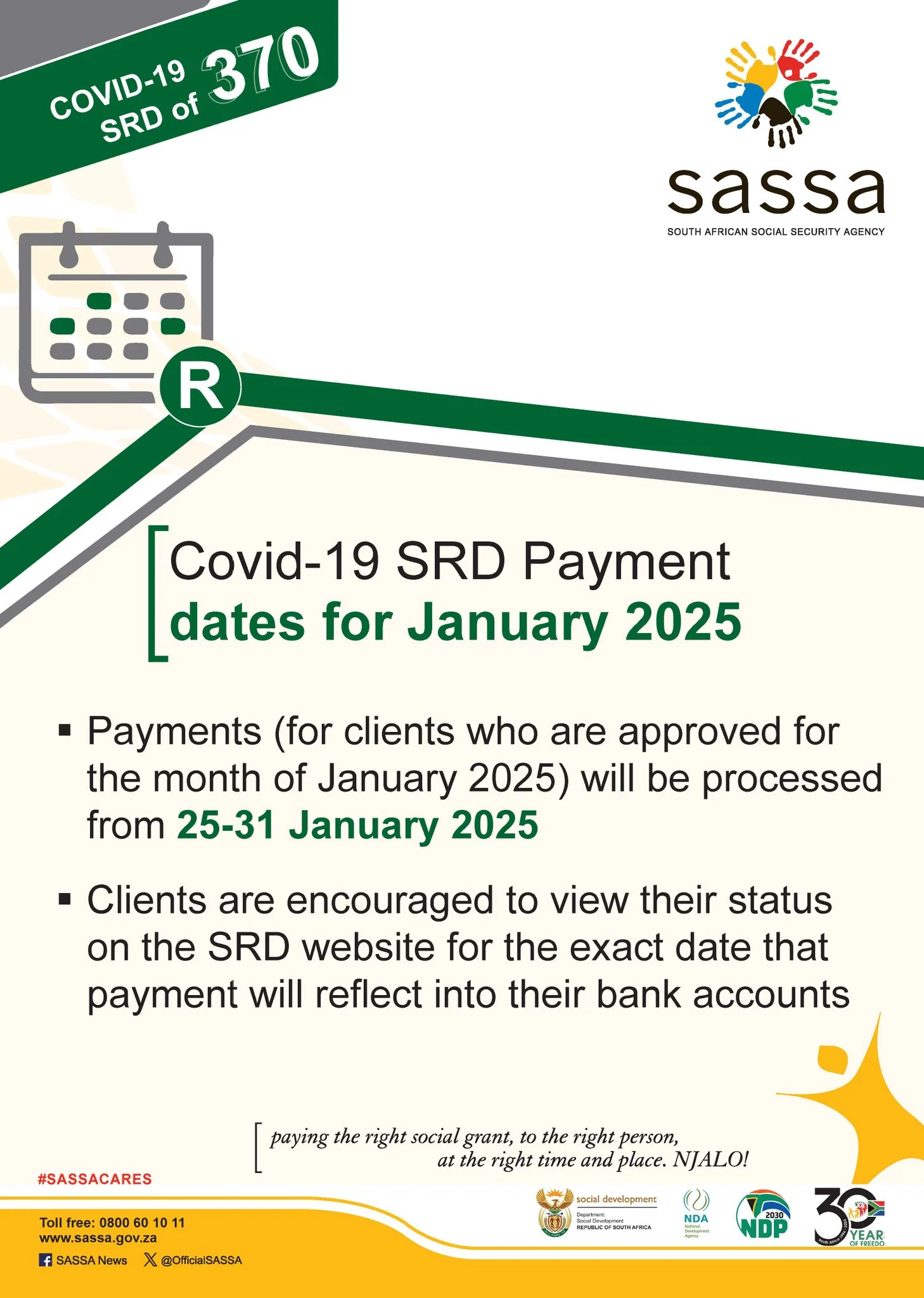 SASSA SRD R370 January Payment Dates 2025